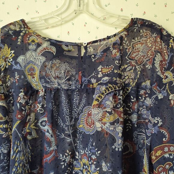 Style & Co Peasant Top XL Sheer Swiss Dot Paisley Blue Career Bell Sleeves Flowy - Picture 12 of 16